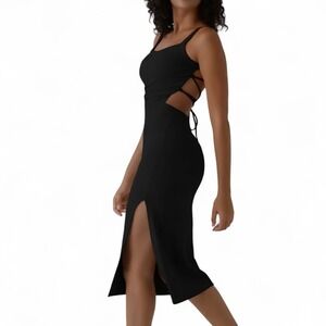 Halara Black Dress XL Open Back Lace Up Side Slit Bodycon Midi Soft Stretchy